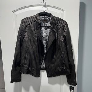 New Black Rivet Leather Jacket with Quilting - Large